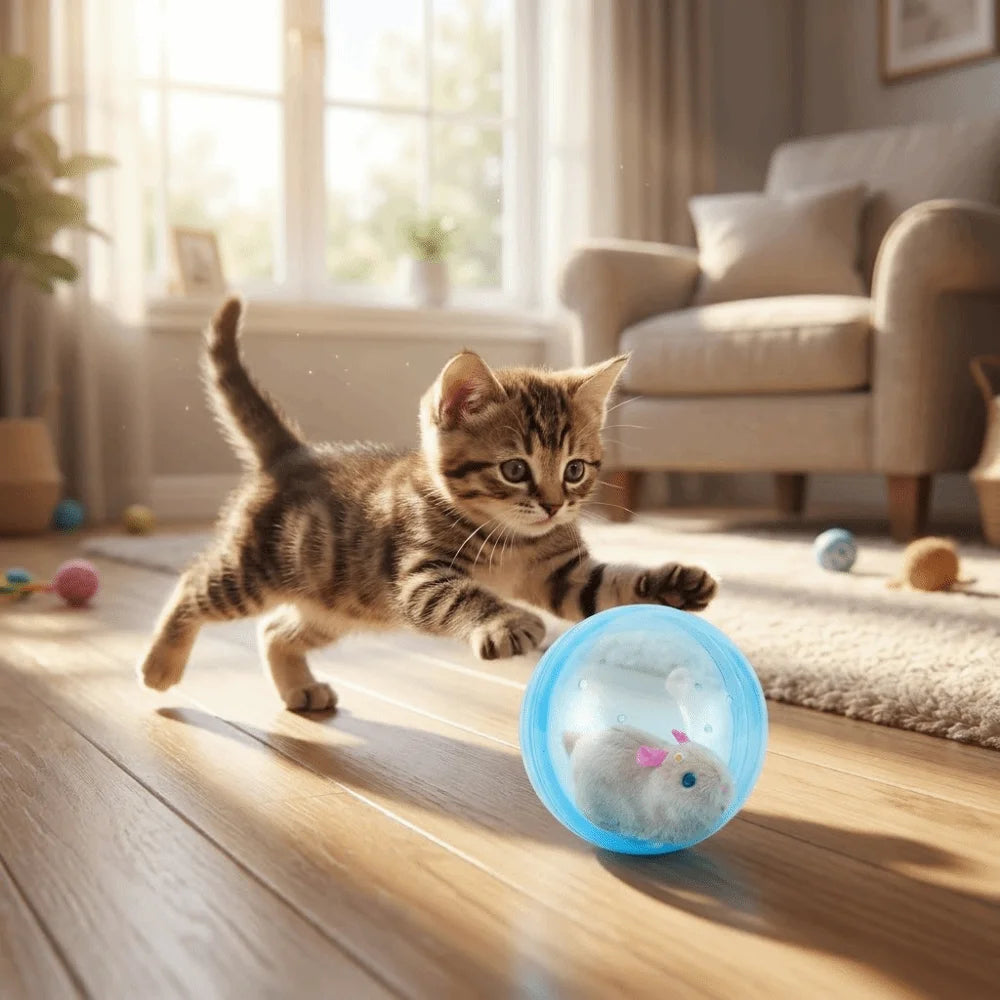 Transparent Cat Chasing Ball Built-in Plush Animal Plastic Interactive Cat Toy Realistic Rabbit Hamster Chasing Ball Pi-Mart