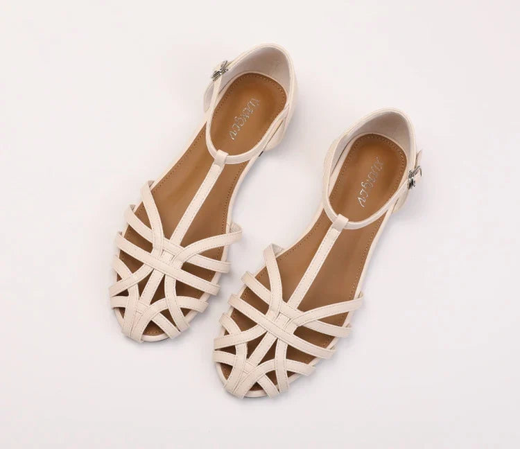 ZAROY Women's Sandals Summer Casual Footwear T-tied Cross Strap Flat Sandals Weave Hollow Roman Sandalia Zapatos сандали LadyShow.Store