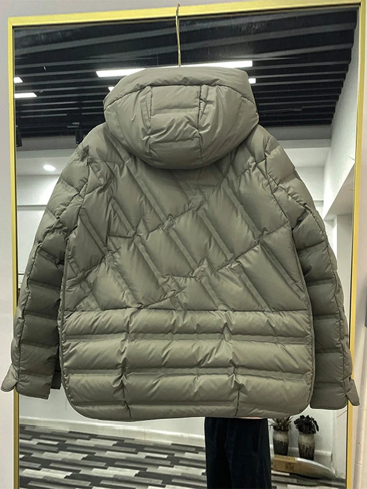 Winter Women 90% White Duck Down Coat Female Stand Collar Single-Breasted Puffer Jacket Casual Loose Hooded Parkas Coat Women LadyShow.Store