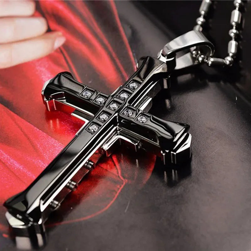 2024 New Male Crystal Cross Jesus Pendant Gold/Black/Blue Color Zirconia Cross Pendant Necklace Stainless Steel Jewelry Pi-Mart