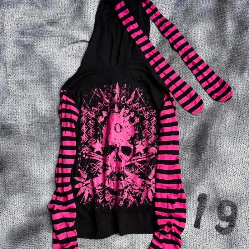 2026 Dark Pink Black Punk Skeleton Printed Striped Sleeve Hoodie Street Style Women's Zipper cardigan Wholesale LadyShow.Store