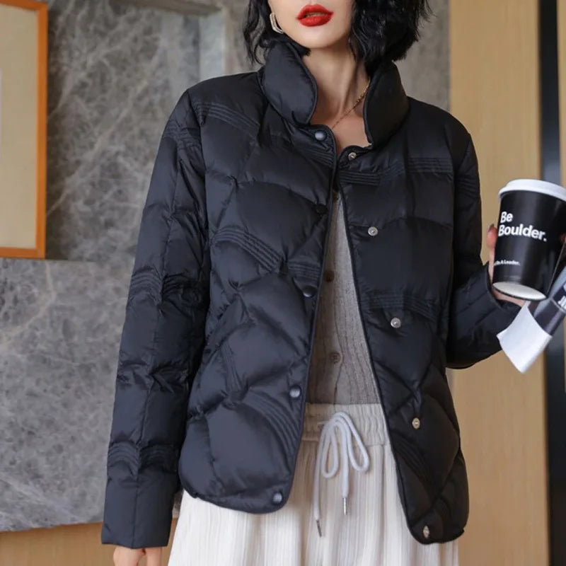 Women's Winter Short Down Jacket Stand Collar Plaid Solid White Duck Down Coat Lady Puffer Jackets  max mara пуховик JK-229 LadyShow.Store