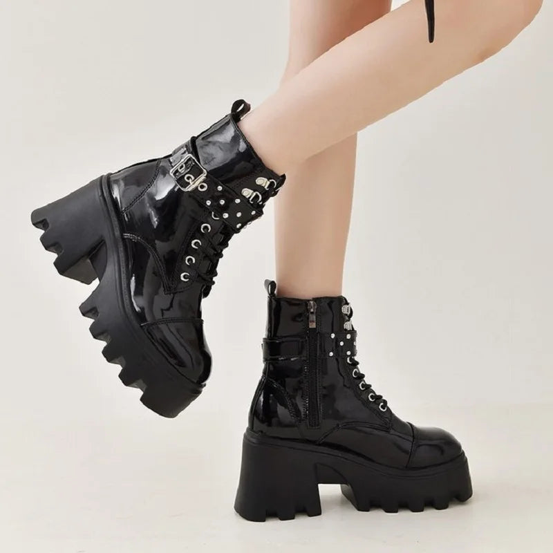 2024 Platform Thick Gothic Boots Lady Buckle Autumn Shoes Women Wedges Knee High Boots Punk Street  Motorcycle Chain Pi-Mart