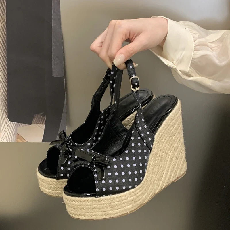 Aneikeh Summer Thick Soled Grass Woven High Heels Casual Retro Roman Sandals Polka Butterfly-kont Wedge Platform Woman Sandals LadyShow.Store