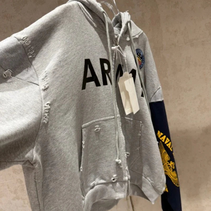 PROJECT G/R 2026 Patchwork ARMY Vintage Damaged Cardigan Pullover Men Women Best Quality Hoodie LadyShow.Store