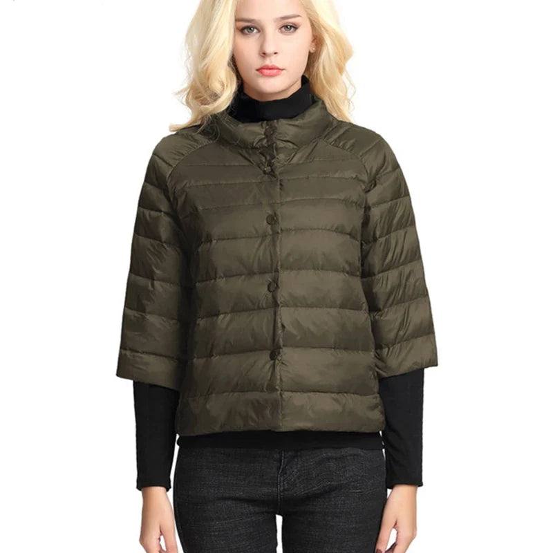 Women's puffer jacket Light and short style  Autumn Thin Down jacket  three Quarter Sleeves  Stand Collar  Fashionable Coat LadyShow.Store