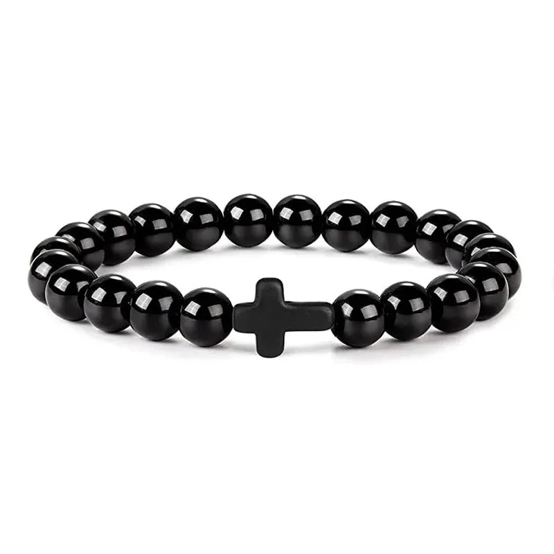 Prayer Men Natural Stone Wood Beads Rosary Hematite Cross Bracelets Onyx Meditation Bracelet Women Yoga Jewelry Homme Pulsera Pi-Mart