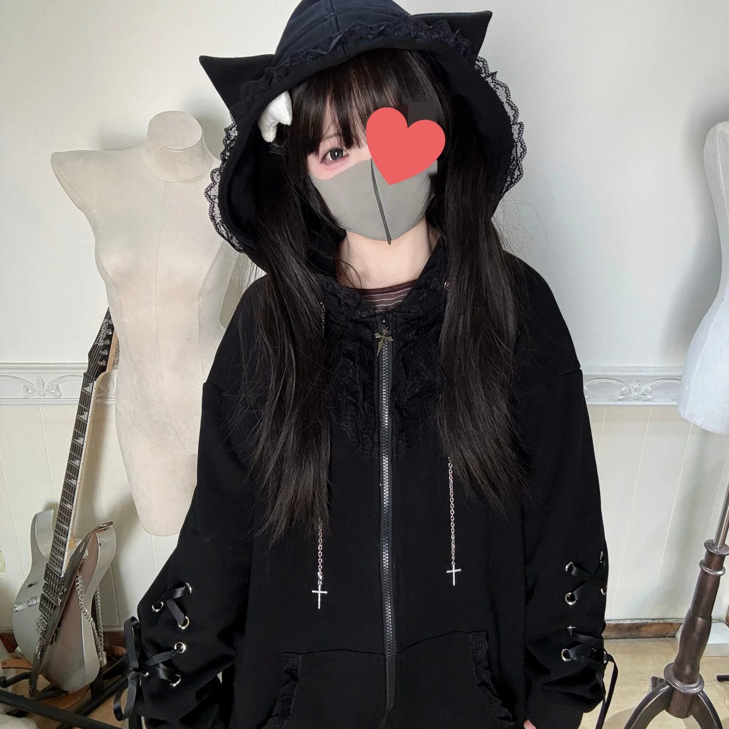 Subculture Japanese Retro Long Sleeve Hoodie Cat Ears Lace Decoration Women Casual Sweatshirt Gothic Y2K Harajuku Autumn Coat LadyShow.Store