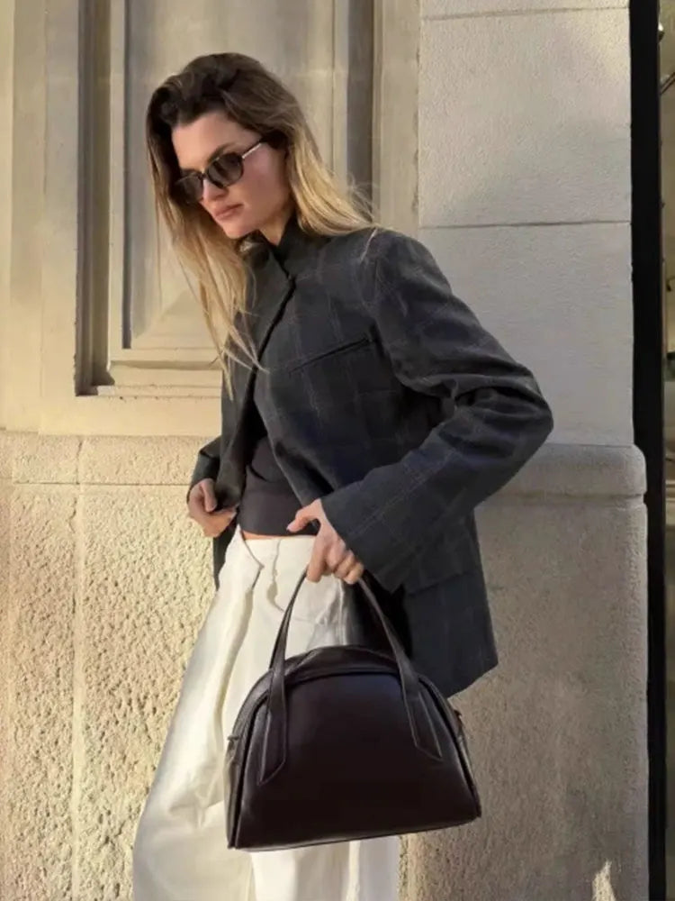 HH Women Fashion Plaid Blazer Coat Stand Collar Long Sleeve Jacket 2026 Spring Trend Casual Office Lady Chic Outerwear LadyShow.Store