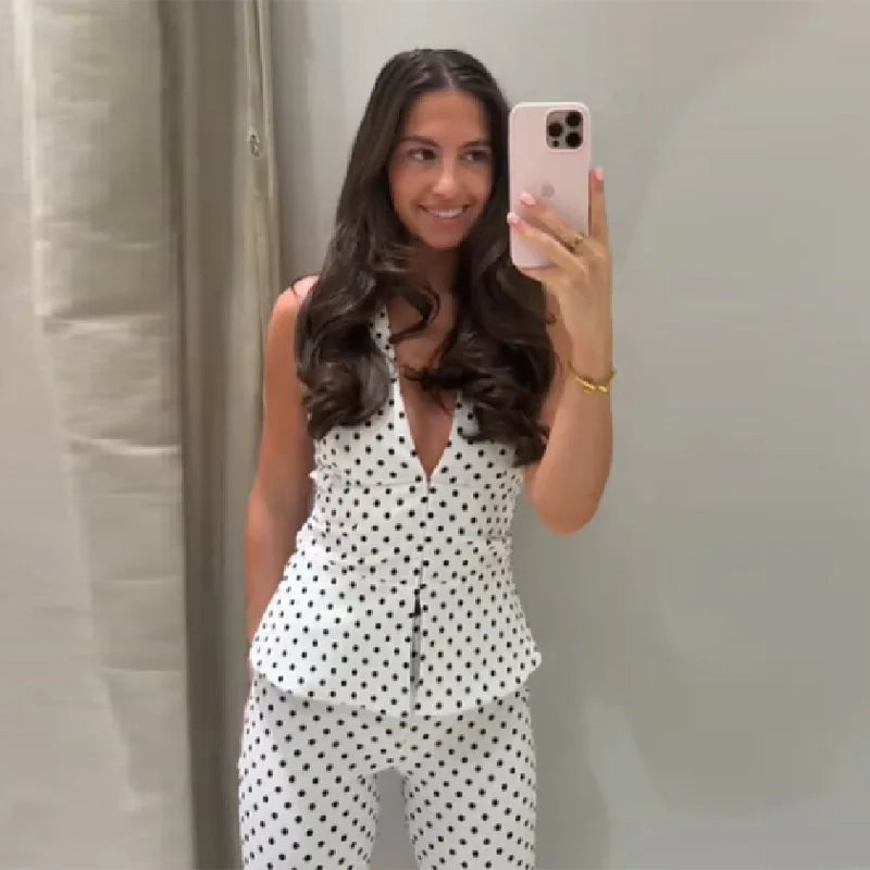 Retro Modern Polka Dot Set Halter Deep V Neck Vest Top Flared Pants Women Party Timeless Chic Female Classic Stylish Outfits LadyShow.Store