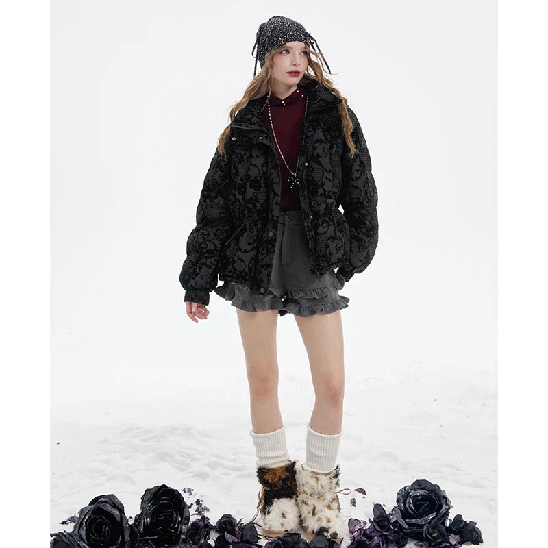 ELFSACK 2025 Puffy Down Coat Women Jacquard Embroidery Waist Gathered Gothic Royal Vintage Y2K Winter Long Puffer Jacket LadyShow.Store