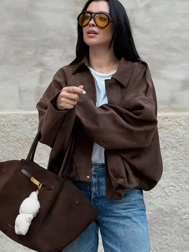 HH Women's Street Fashion Solid Loose Suede Texture Coats Causal Long Bat Sleeves Lapel Zipper Fly Winter Vintage Jackets LadyShow.Store