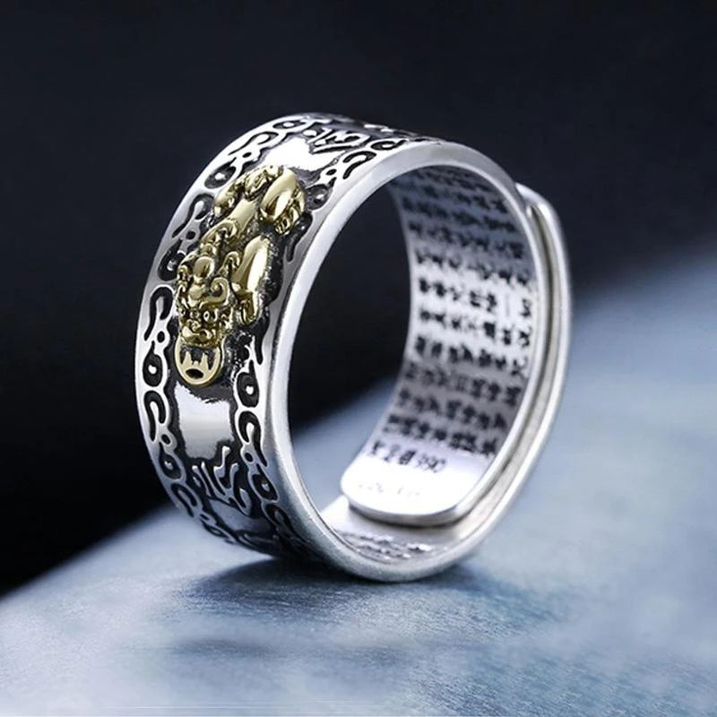 Chinese Feng Shui Pixiu Ring Silver Plated Copper Coins Adjustable Rings for Women Men Amulet Wealth Lucky Jewelry Birthday Gift Pi-Mart