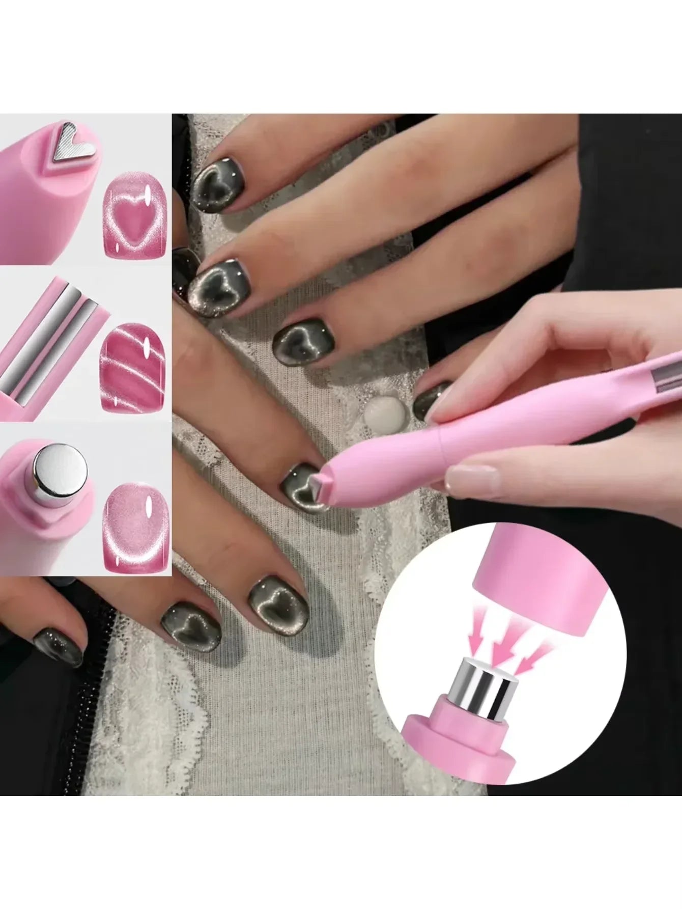 1Pcs 3-In-1 Heart Shape Cat Eye Nail Art Magnet Double Line Moon Snake French Magnet Pen for Magnetic Gel Polish Manicure Tools Tri Light Beauty