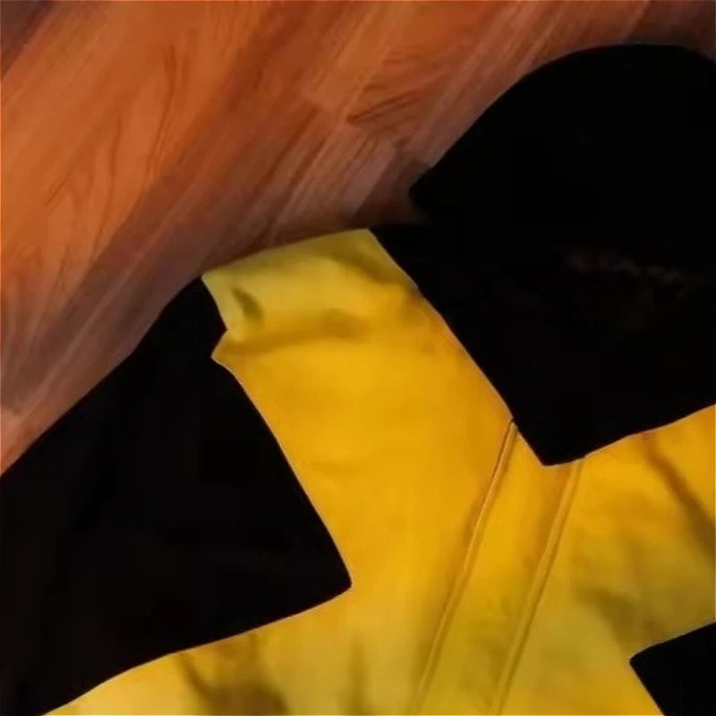 2026 American fashion brand black and yellow cross-shaped jacket high street style loose stand-up collar zipper cardigan jackett Pi-Mart
