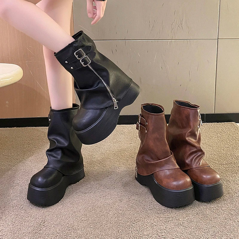 Soft Leather Ankle Mid Calf Boots Winter Autumn High Platform Wedge British Booties Woman New Ladies Chunky Motorcycle Boots 9CM LadyShow.Store