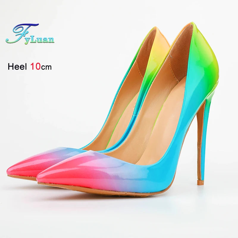 Brand Women High Heels 8-12CM Fashion Iridescent Pointed Toe Single Shoes Woman Thin Heel Summer Glossy Colorful Leather Pumps Pi-Mart