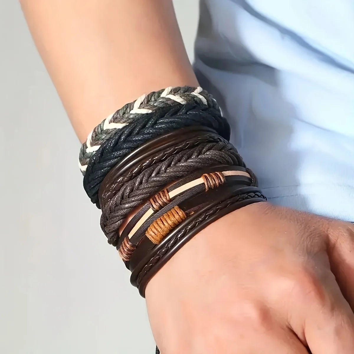 20Pcs Braided Leather Bracelets for Men Women Wrap Wood Beads Cuff Bracelet Hemp Cords Ethnic Tribal Handmade Wrap Wristband Bra Pi-Mart