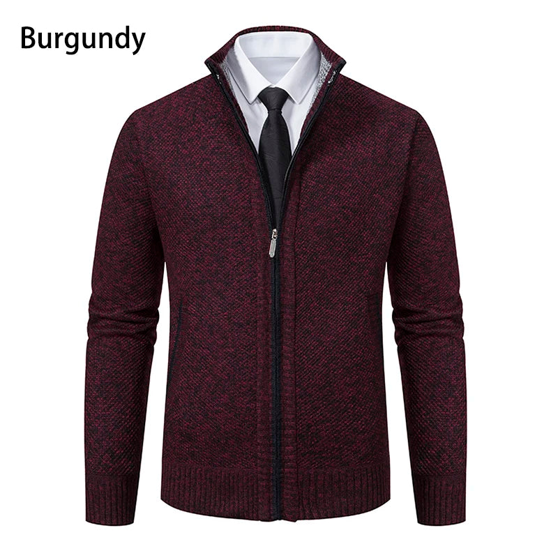 Autumn And Winter New Jersey Men's Casual Sports Coat Solid Color Stand Collar Wweater Grab Fleece Warm Zipper Cardigan Pi-Mart
