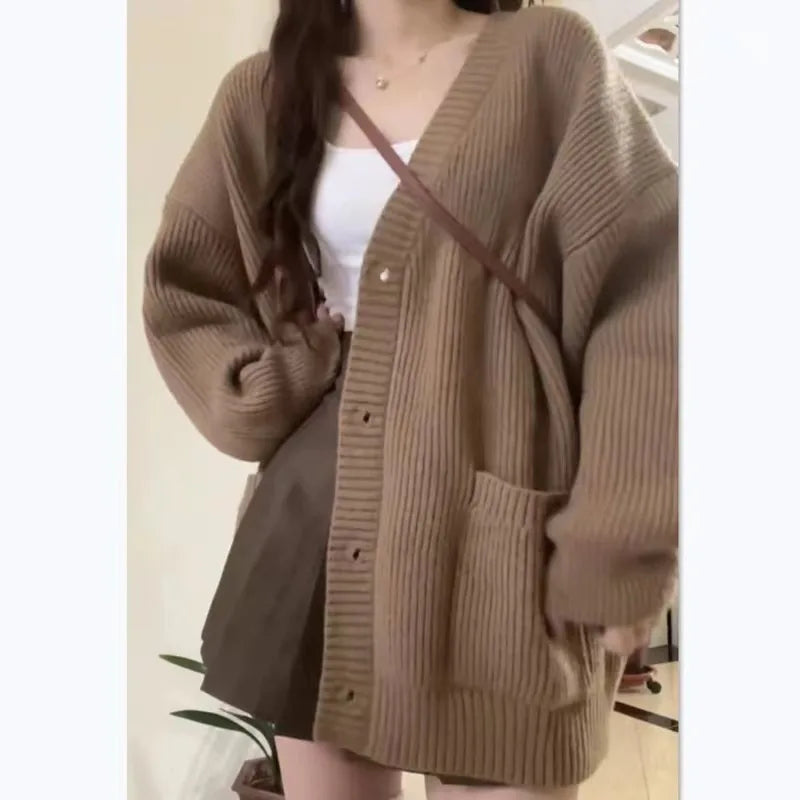 Autumn Winter Women Cardigan Sweater Coats Fashion Female Long Sleeve V-neck Loose Knitted Jackets Casual Sweater Cardigans LadyShow.Store