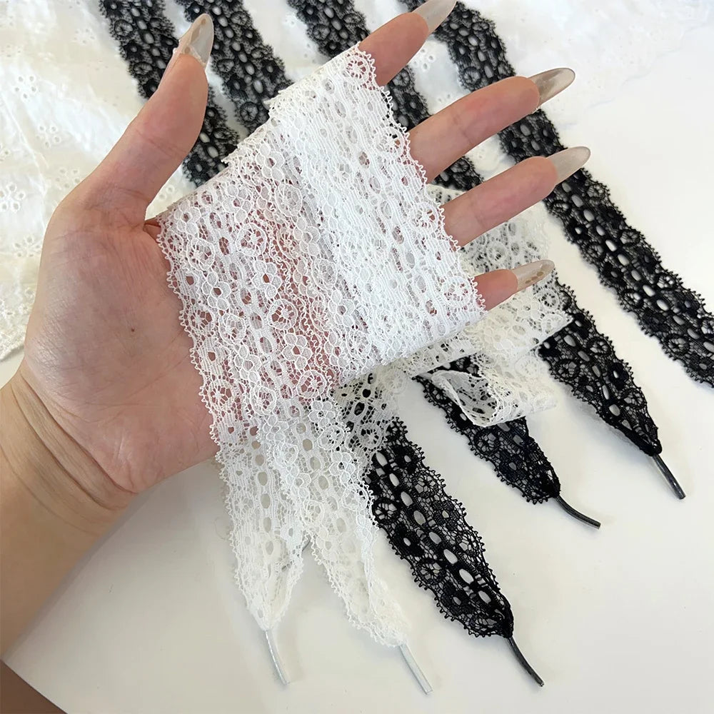 1/4Pairs Fancy Lace 3CM Wide Flat Shoelaces Sneakers Women Casual Shoes Black White Fashion Shoe Strings Replacement Accessories Pi-Mart