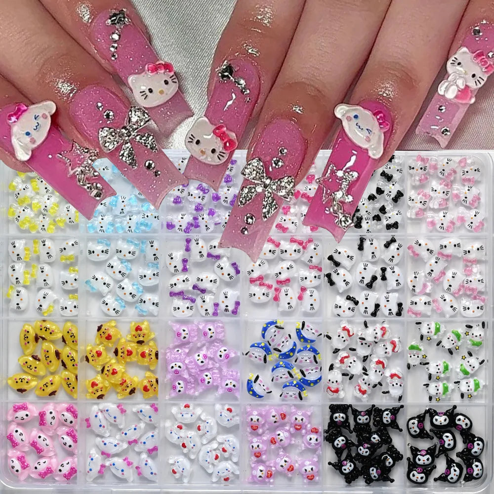 120PCS Box Mixed Hello Kitty 3D Nail Charms Cute Cartoon Resin Ornaments Kawaii DIY Nail Art Manicure Decor Accessories Pi-Mart
