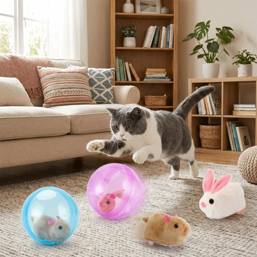 Transparent Cat Chasing Ball Built-in Plush Animal Plastic Interactive Cat Toy Realistic Rabbit Hamster Chasing Ball Pi-Mart