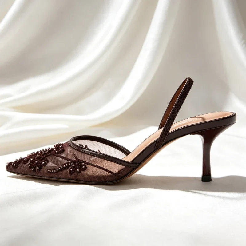 Mesh Embroider String Bead Detail High Heels Women Sexy Brown Pointed Toe Back Strap Heeled Sandals Summer Elegant Women Shoes LadyShow.Store