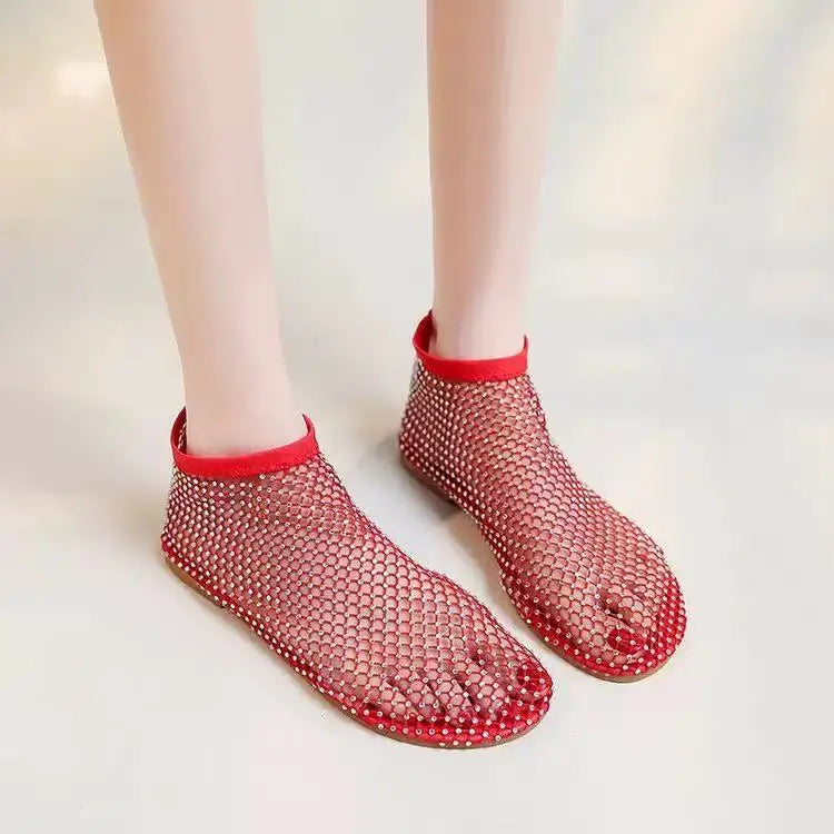 Luxury brand Women's New Round Toe Flat Bottom Slippers Hollow Short Boots Water Diamond Sexy Flat Bottom Banquet  Sandals LadyShow.Store