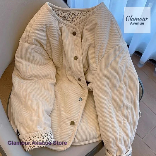 Korean style design corduroy mosaic floral diamond cotton-padded jacket coat women's winter new loose wild cotton-padded clothes Pi-Mart