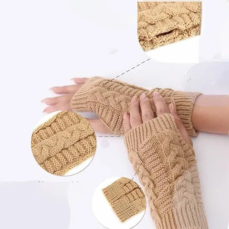Women Stylish Hand Warmer Winter Gloves Arm Crochet Knitting Faux Wool Mitten Warm Fingerless Glove Twist Pattern Women Gloves Pi-Mart