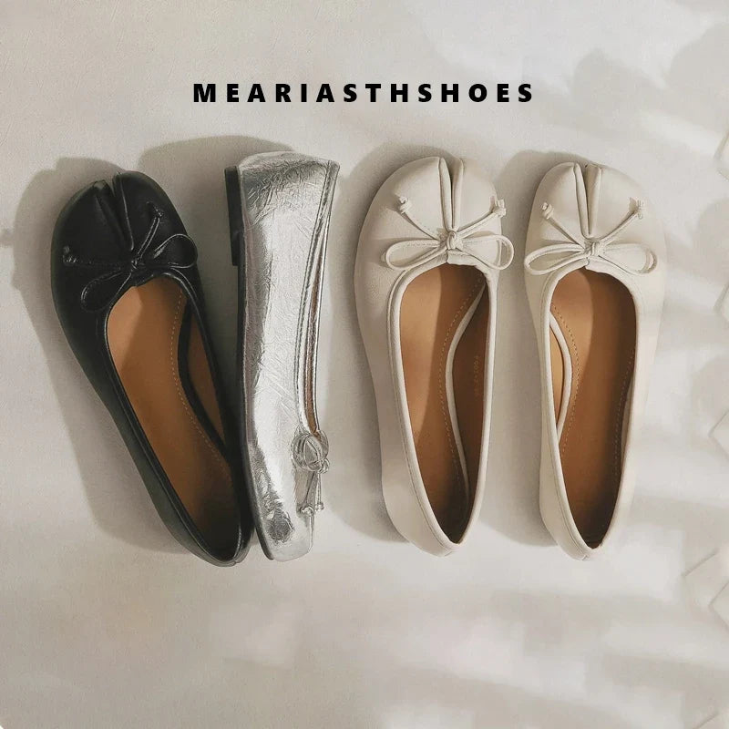 Spring Summer Microfiber Leather Split Toe Women Pumps Fashion bowknot Designer Low Heeled Tabi Soft Soles Loafers Casual Shoes LadyShow.Store