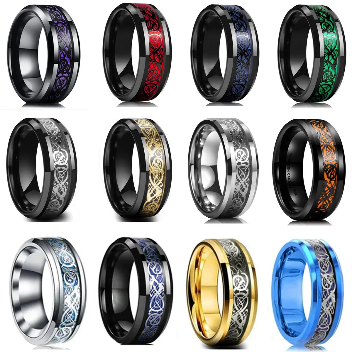 Classic 8mm Black Tungsten Wedding Celtic Dragon For Men Fashion Stainless Steel Red Carbon Fiber Ring Band Pi-Mart