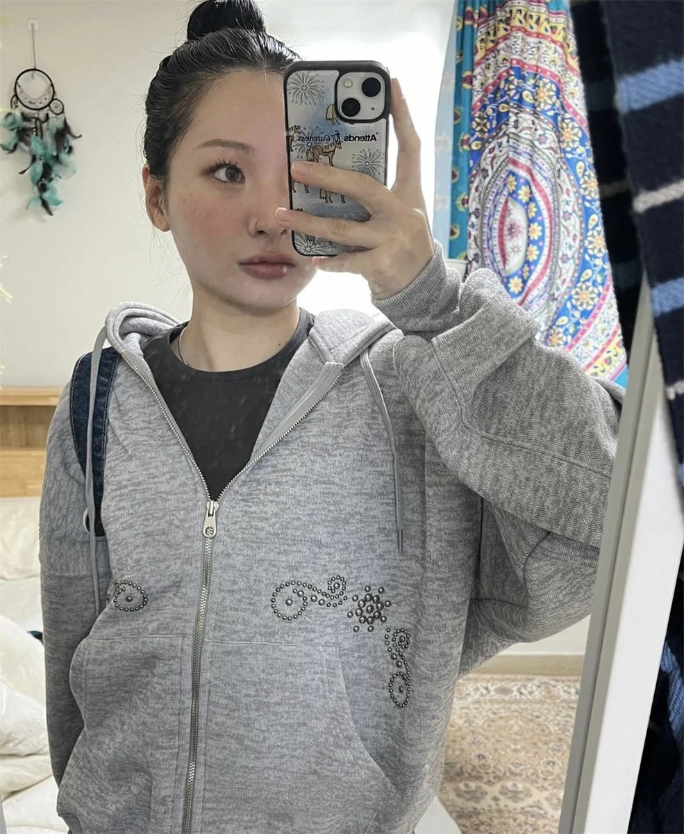 Street Sle Korean Version Simple Personali Rivet Zipper Casual Loose Matching Hoodie Jaet Unique SEI Women's Sweatirt LadyShow.Store
