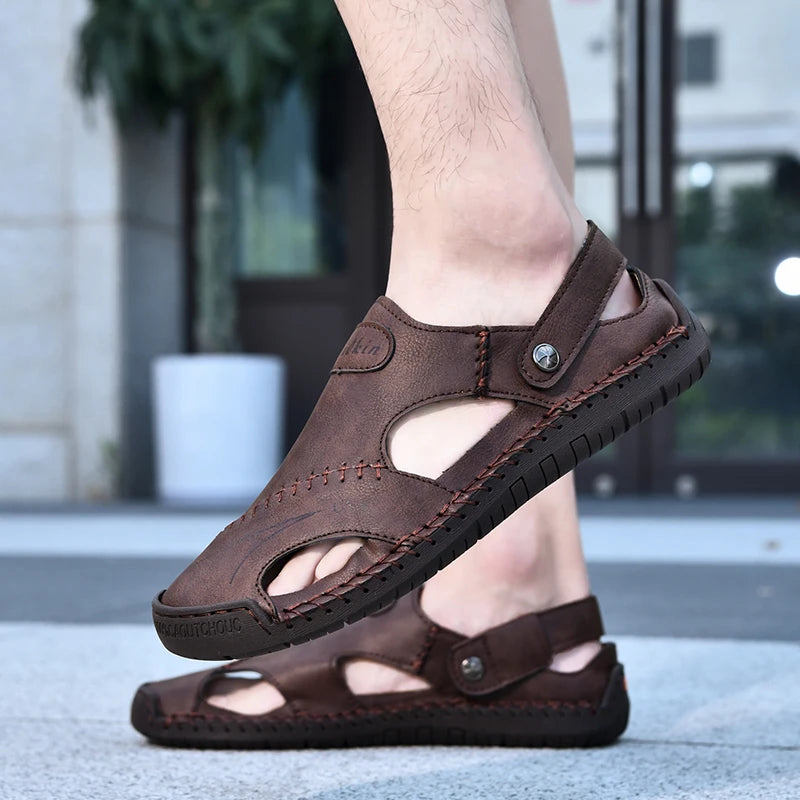 New Handmade Summer Sandals Men Breathable Leather Shoes Man Outdoor Men Sandals Antiskid Beach Sandals Hollow Shoes Fashion Pi-Mart