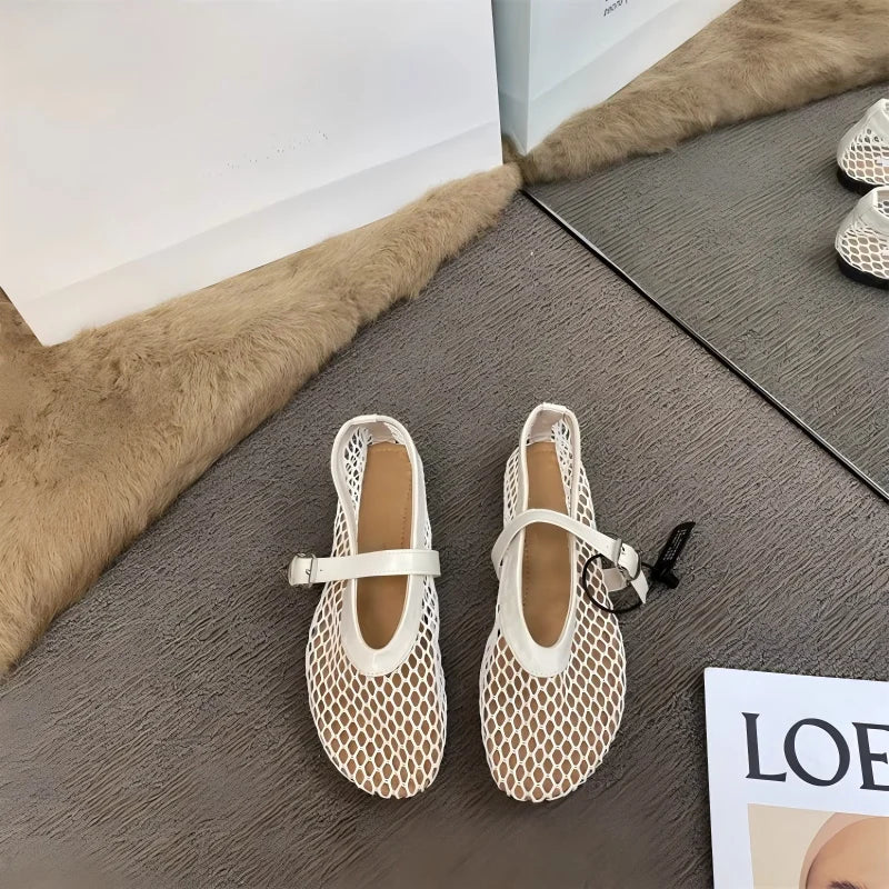 Women's Mary Jane Flats 2026 New Hollow Out Mesh Breathable Fishnet Ankle Strap Casual Summer Sandals LadyShow.Store