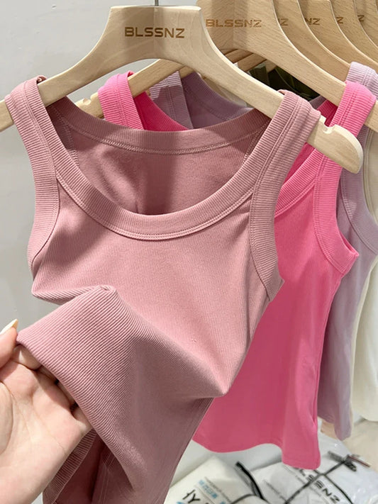 zjaiss Women Solid Round Neck Ribbed Tank Top Camisole Women 2026 Summer Basic Elastic Tank Top O Neck Solid Tank Top Tri Light Beauty