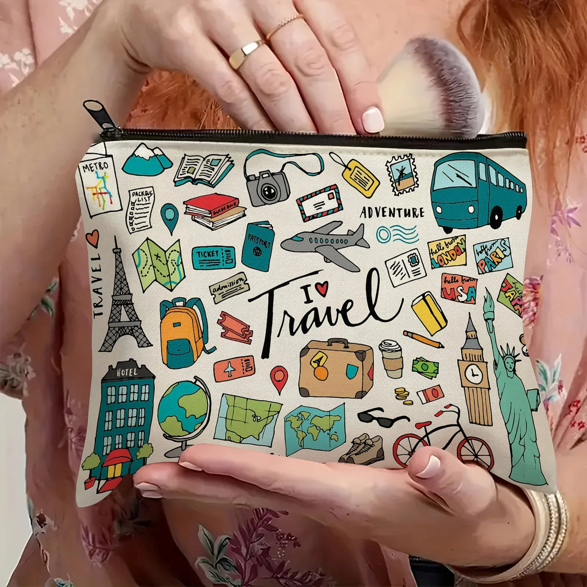 1 Travel-Themed Illustrated Makeup Bag - Multifunctional Zipper Pouch for Women, Jewelry Storage Bag, Perfect Travel Zipper Organizer, Fun Birthday Gift Pi-Mart