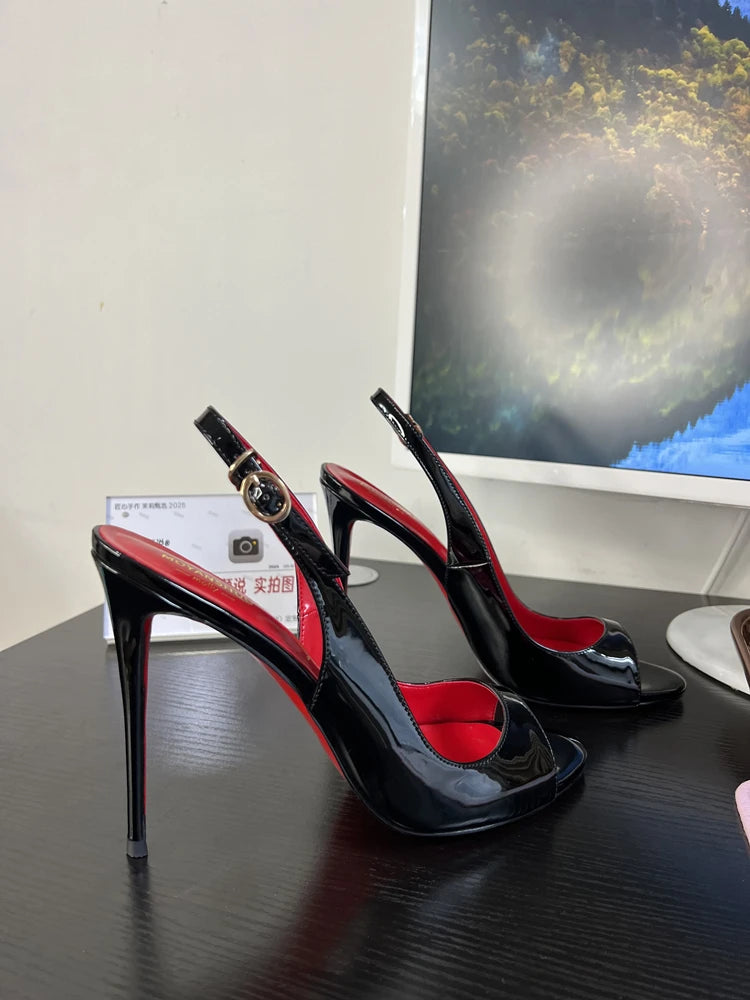 Black Fish Mouth Open toed Ultra High Heels 12cm Rear Tripstrap Thin Heel European and American Sexy Women's Large Sandals Pi-Mart