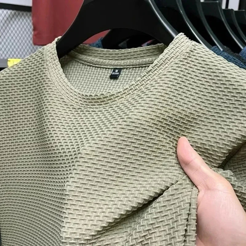 Men's Short Sleeve Mesh Bamboo Ice Silk T-shirt Casual Versatile Summer Elastic Slimming Top for Men Pi-Mart