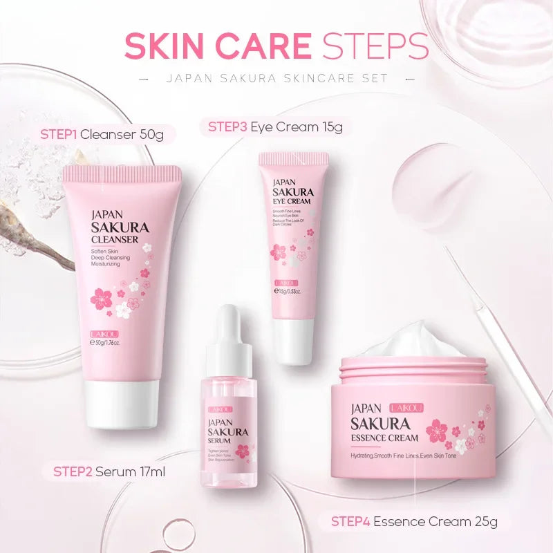 Laikou Sakura Skin Care Sets With Cleanser,Serum,Eye Cream,essence Cream Beauty Products For Women  Christmas Gift Present Tri Light Beauty