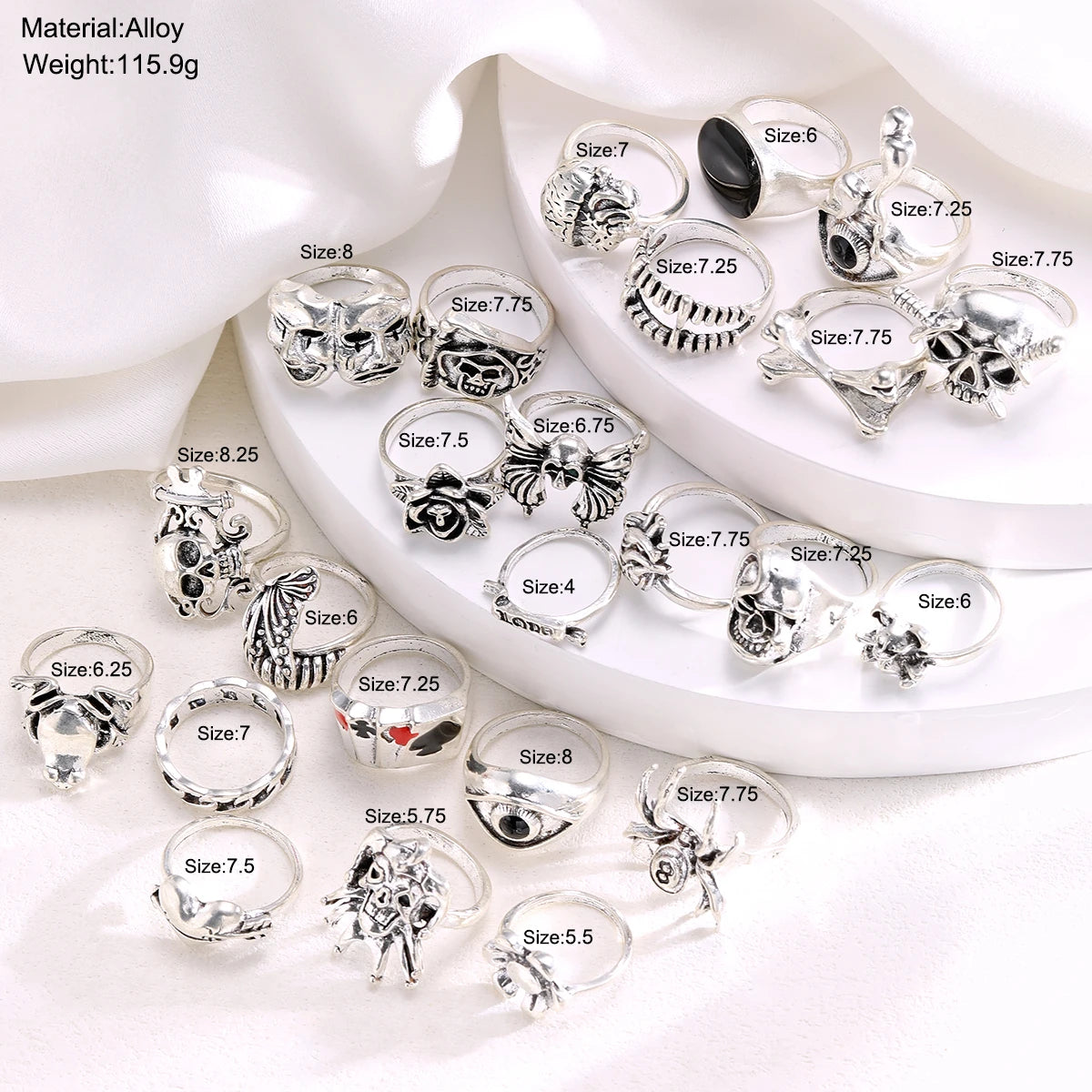 24 Pcs Gothic Skeleton Unisex Ring Set Punk Grunge Butterfly Frog Woman Man Jewelry Hip Hop Party Street Ring Accessories Gift Pi-Mart