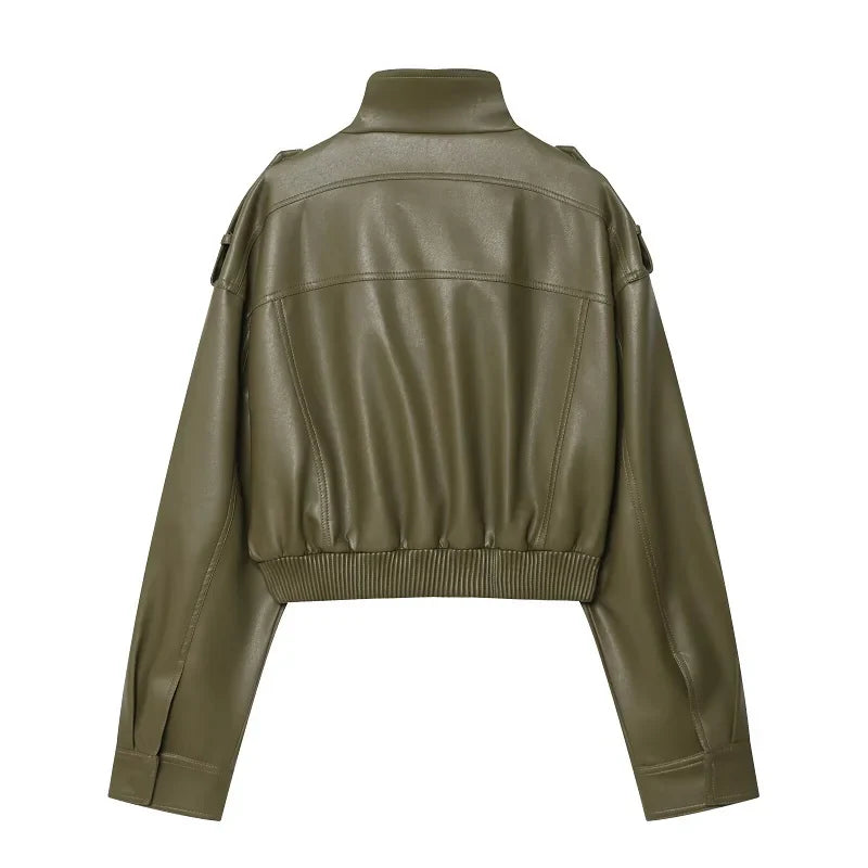 MUJER Faux Leather Cropped Jacket Women Bomber Demi-season Jackets for Women Long Sleeve Women's Coats Zip Overcoat Jacket Women LadyShow.Store