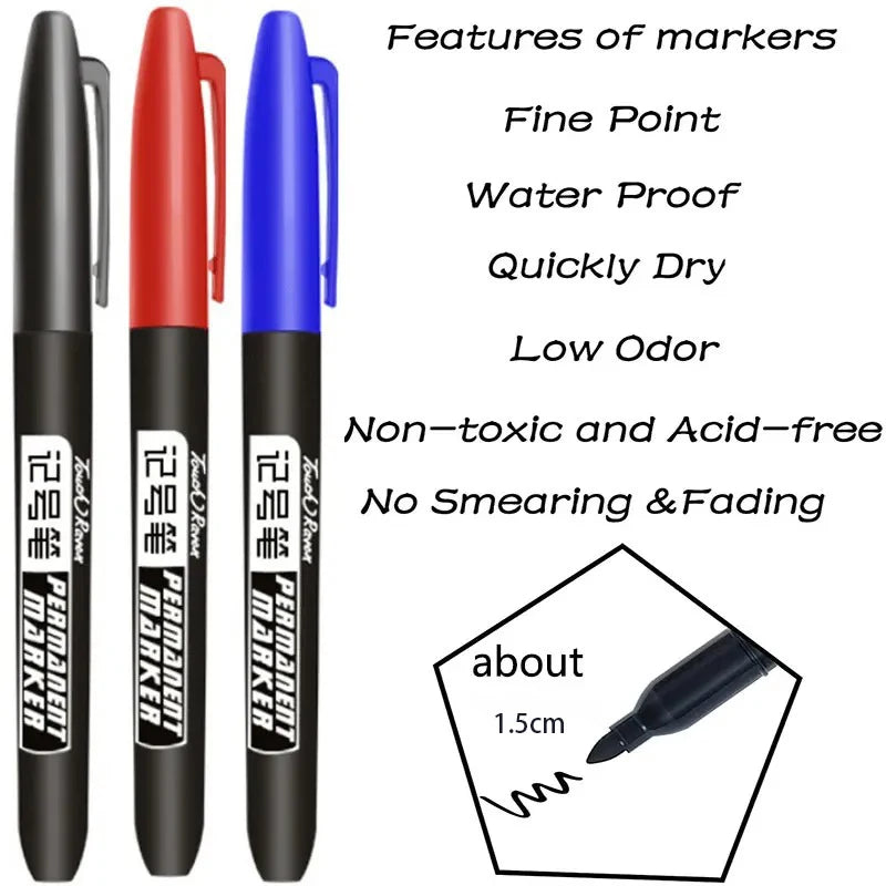 6 PCS Permanent Marker Pen Manga Drawing Markers Black Blue Red Waterproof Ink Sketch Pens Stationery Art School Supplies Pi-Mart