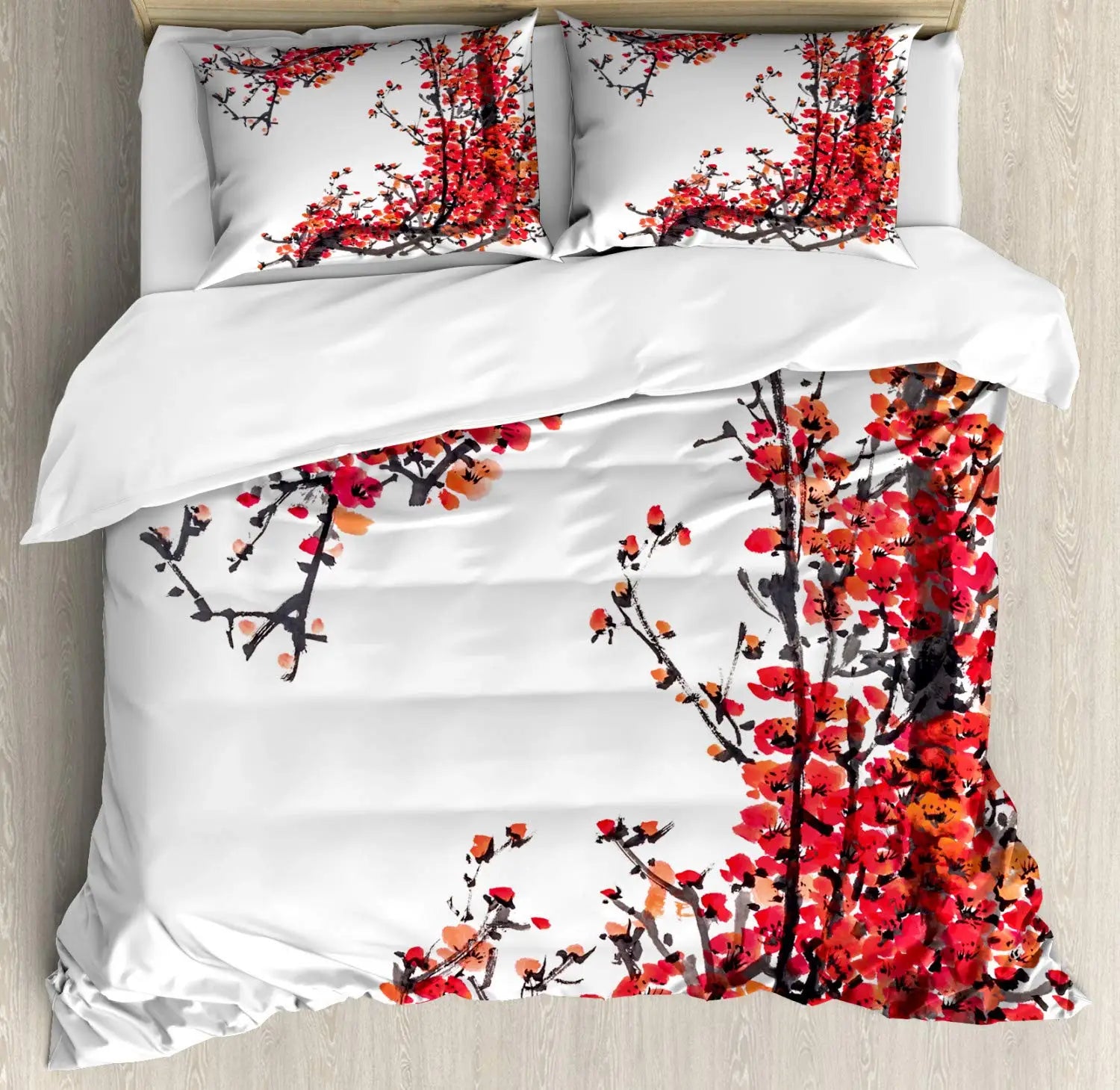 Japanese Duvet Cover Set Simplistic Cherry Blossom Tree Botanic Themed Pattern Fresh Organic Lines Bedding Set For Kids Girls Pi-Mart