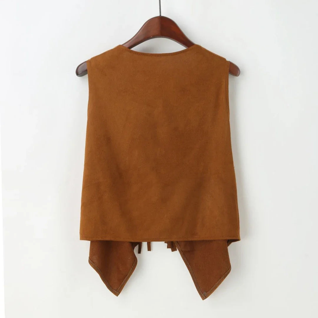 Women Faux Suede Ethnic Sleeveless For Jacket Rivet Fringe Tassels Hippie Open Front Cardigan Vintage Cowgirl Waistcoat Vest LadyShow.Store