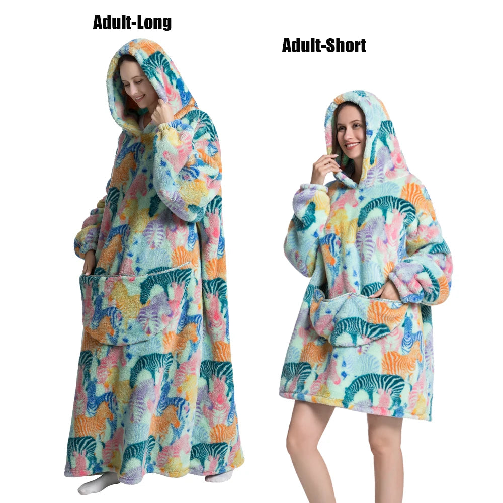 Women Plush Fleece Blanket Men Warm Thick Hoodies Adult Giant TV Blanlets with Sleeves Super Long Cold-proof Homewear Pajamas Pi-Mart