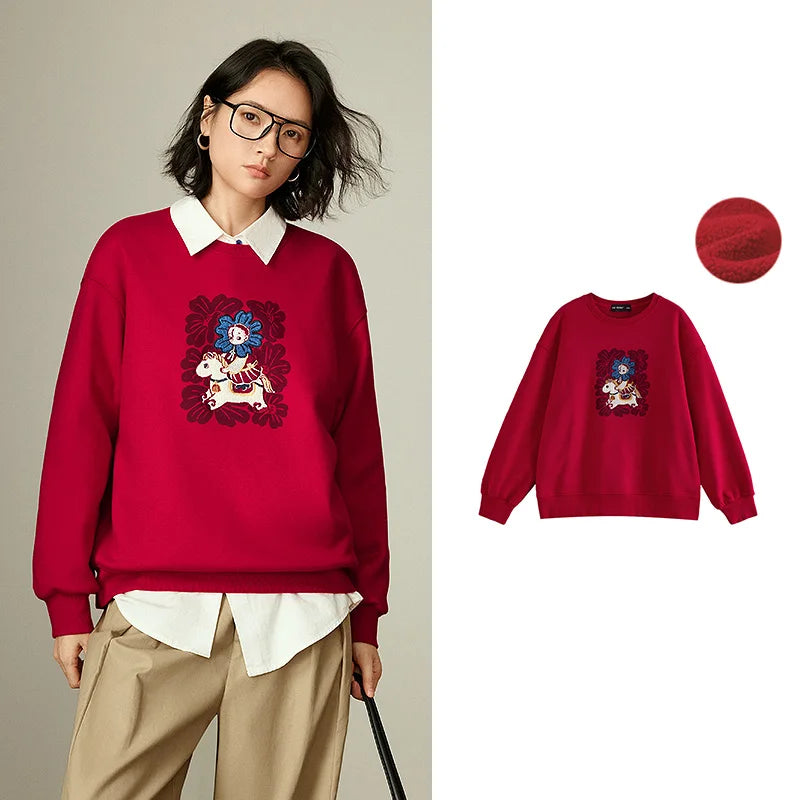 TOYOUTH Mengzhu Daji New Year Co-branded Hoodie for Women 2025 Winter New Pellet Fleece Velvet Loose Year of the Horse Top LadyShow.Store