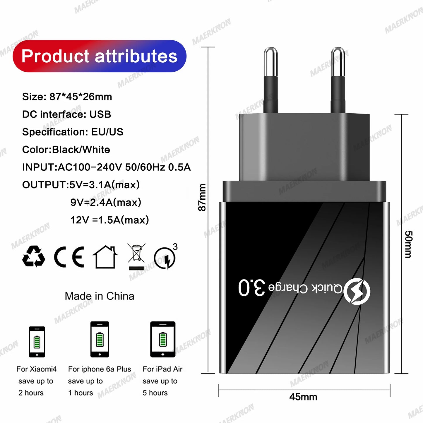 3A USB Charger 4 Ports USB Quick Charge 3.0 EU US Plug For iPhone Samsung Xiaomi Poco Fast Charging Mobile Phone Charger Adapter Pi-Mart