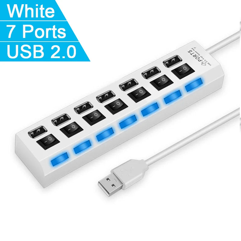 High Speed 4/7 Ports USB HUB 2.0 Adapter Expander Multi USB Splitter Multiple Extender with LED Lamp Switch for PC Laptop Pi-Mart